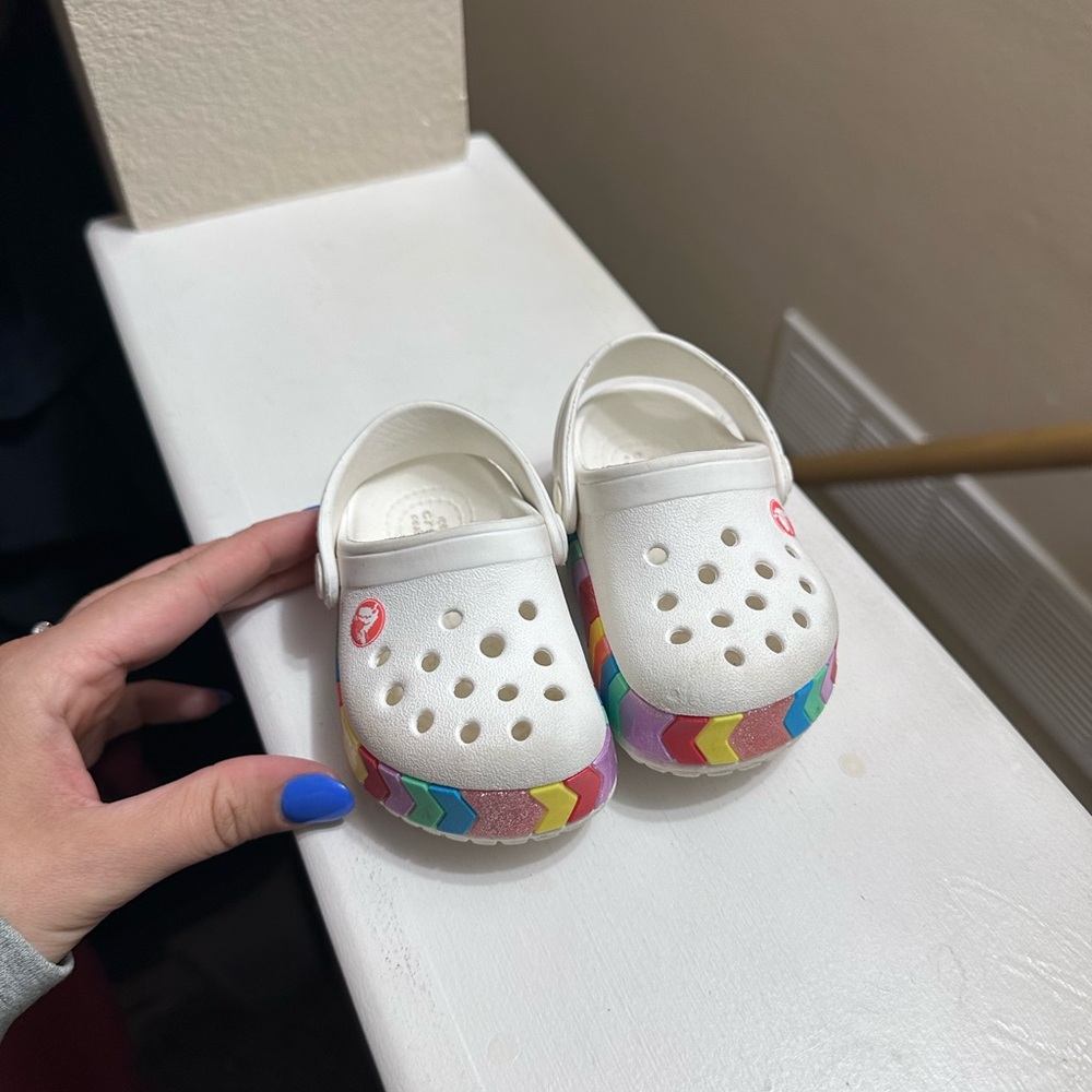 CROCS Kids White Sandals with Rainbow Soles